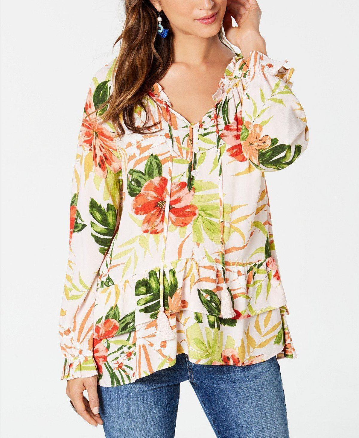 Style & Co - Tropical Floral Print Tassel Detail V-Neck Blouse