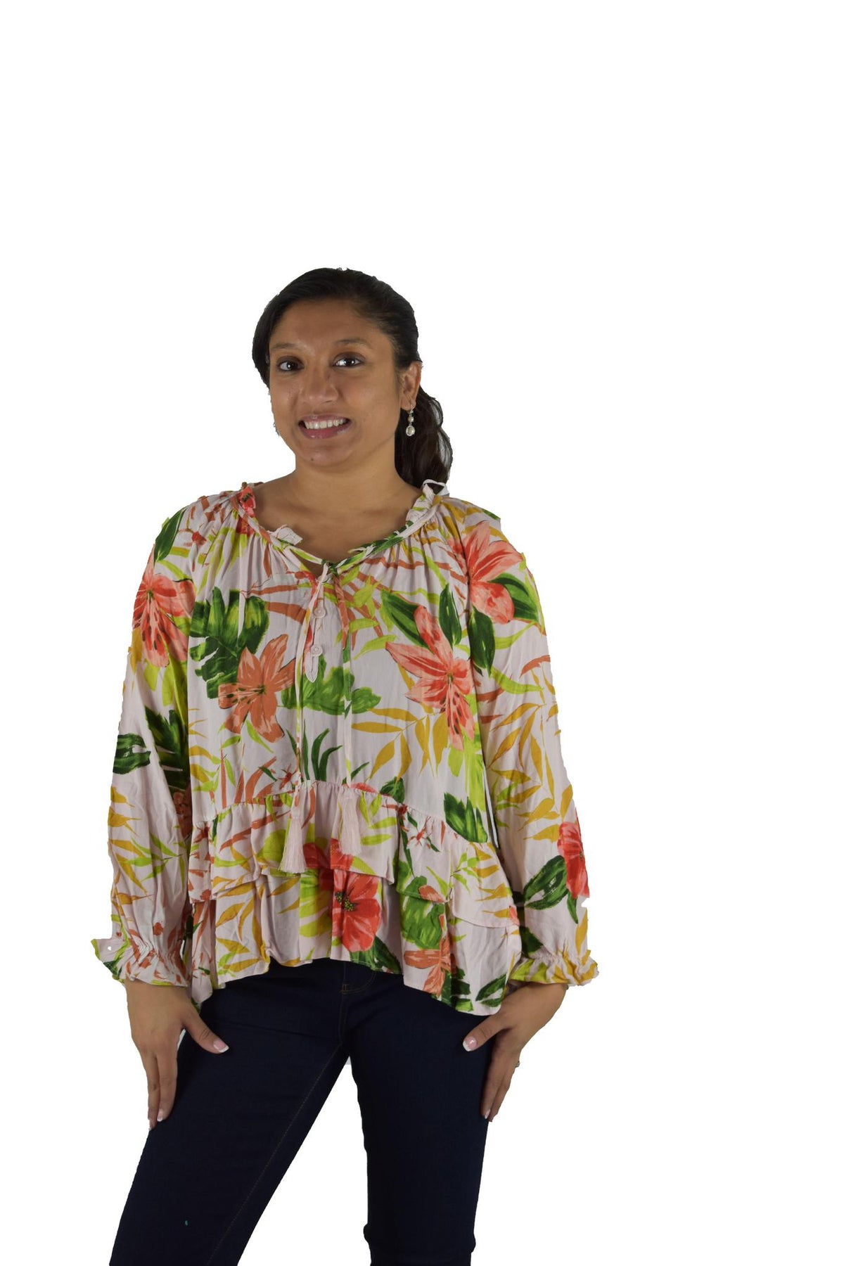 Style & Co - Tropical Floral Print Tassel Detail V-Neck Blouse